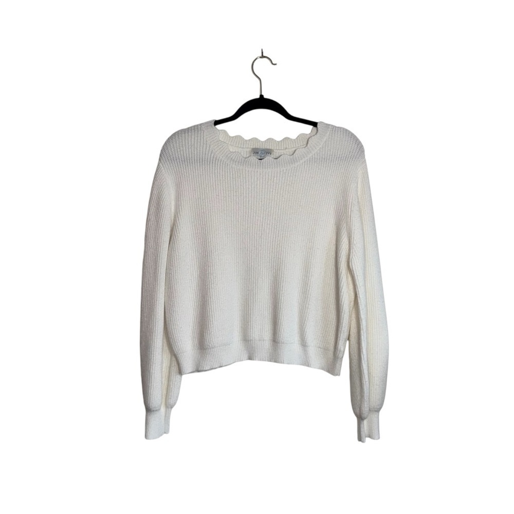 June & Ivy Solid White Sweater Scallop Neck Knit Cropped Medium Women’s